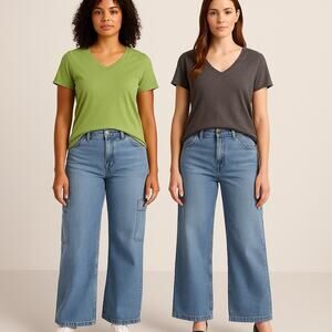 Lands’ End Green Cotton Tee & Tahari Gray Linen V-Neck Top Women’s Size M Bundle